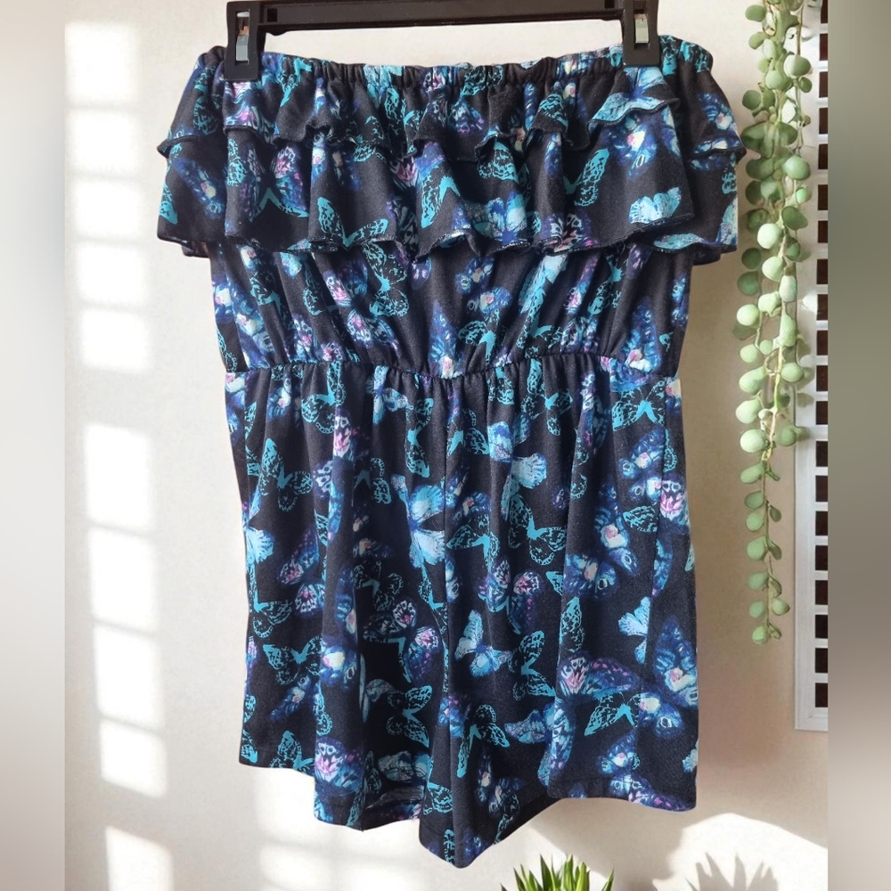 Butterfly Print Strapless Ruffled High Waist Romper